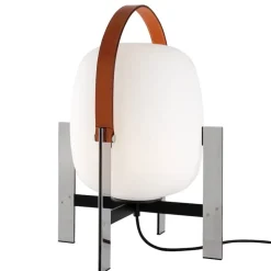 Cesta metalica bordslampa med handtag i läder opalglas